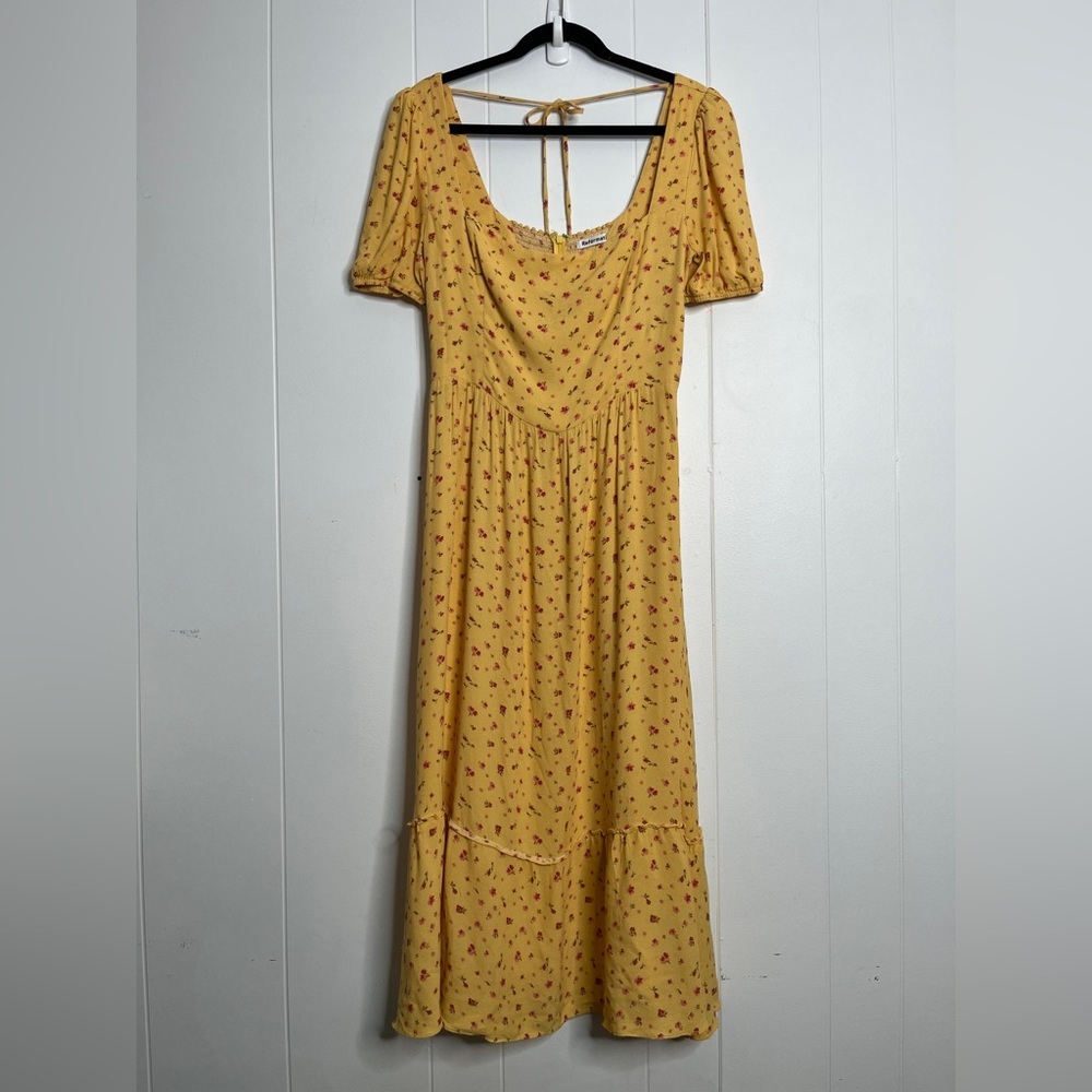 Reformation Abbie Dress Midi Gwen Yellow with Small Pink Floral Print Size 12